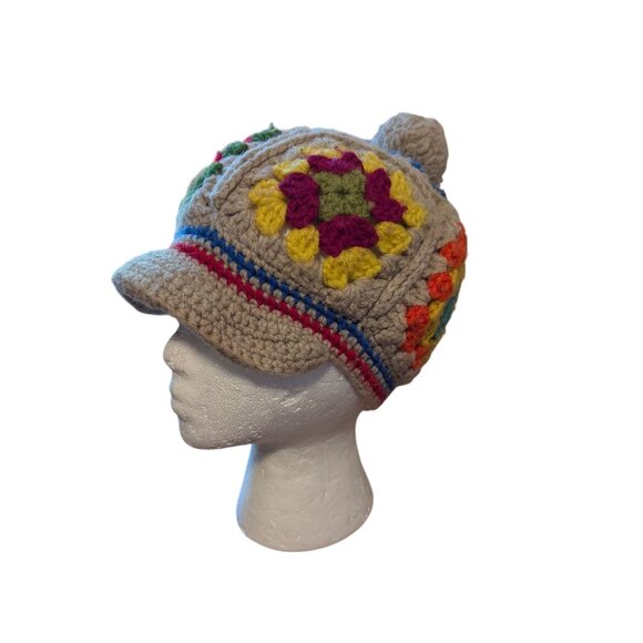 Vintage Patchwork Granny Square Crochet Newsboy Knit Hat Festival Boho Rainbow - Picture 3 of 5